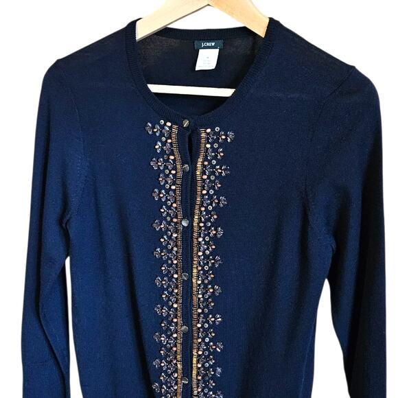 JCrew Cartigan Wool Sweater Embellished Button Down Navy Women's Medium - Picture 2 of 5